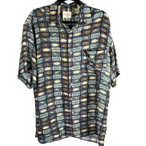 Robert Stock Silk Shirt Mens L Blue Red Beige Abstract Leaf‎ Short Sleeve